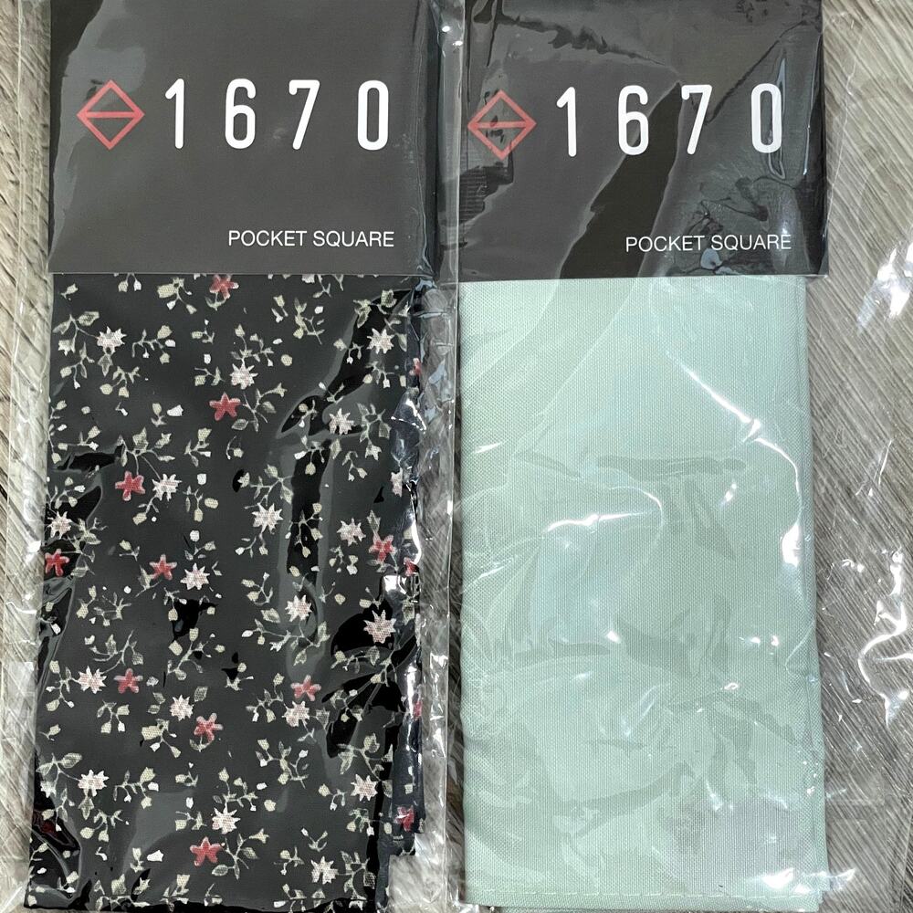 2pc Set 1670 Cotton Pocket Square - Black Mini Floral - Mint Green Solid - $30